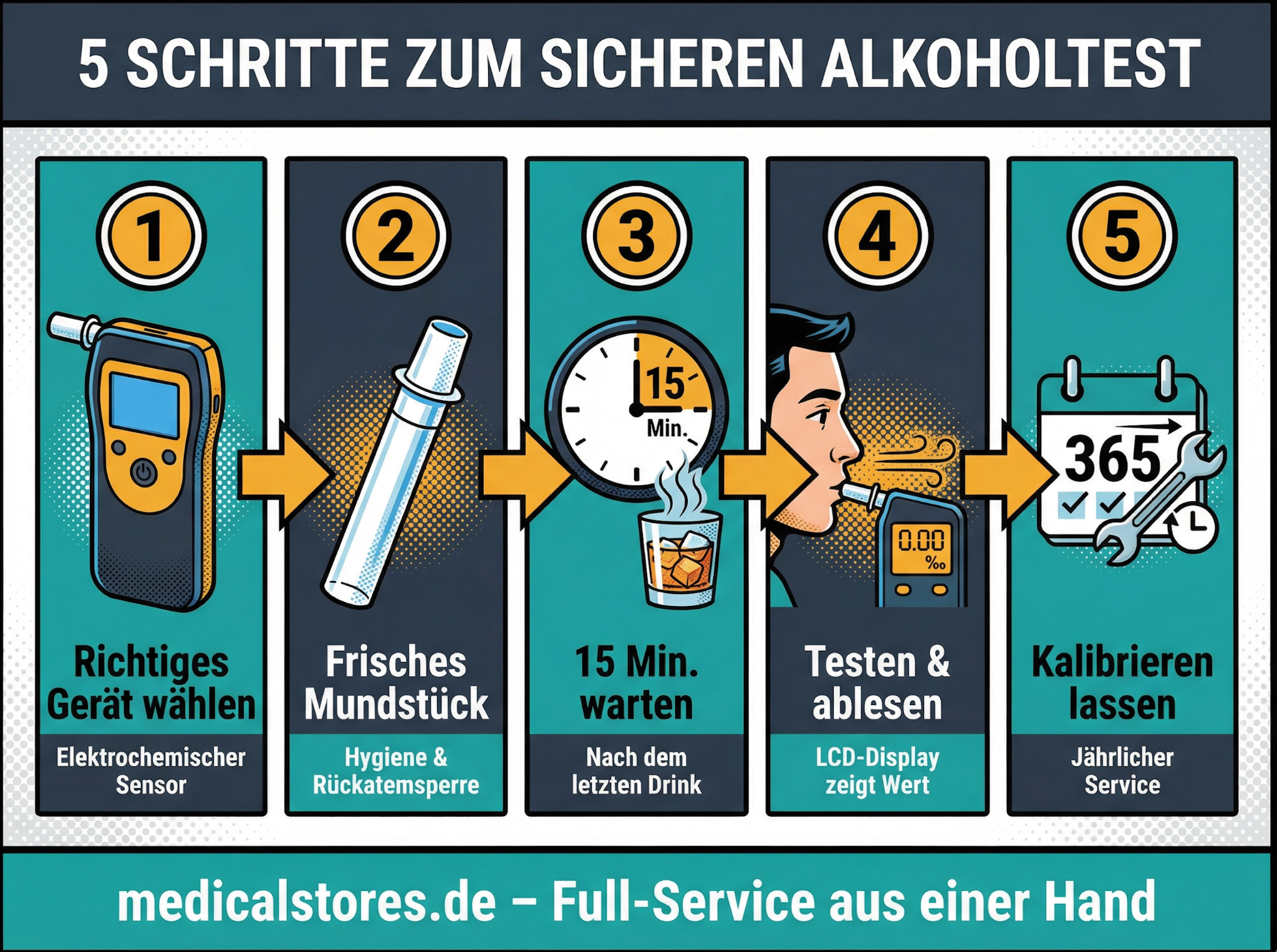Fünf Schritte zum sicheren Alkoholtest mit Alkoholtestgerät, Mundstück und Kalibrierung