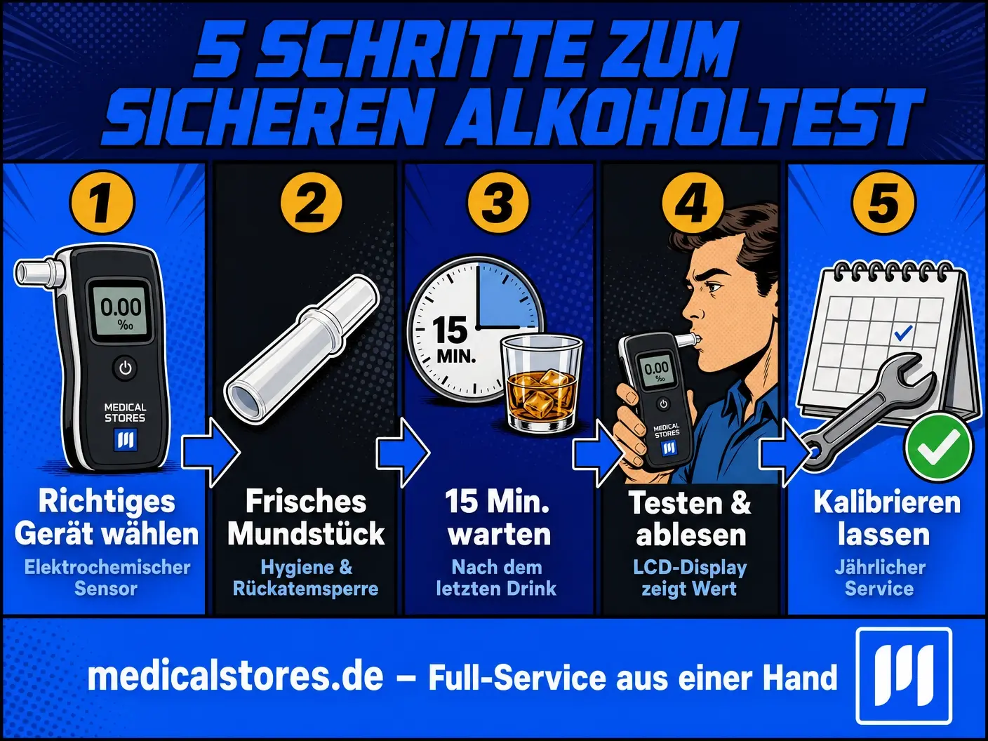 Fünf Schritte zum sicheren Alkoholtest mit Alkoholtestgerät, Mundstück und Kalibrierung