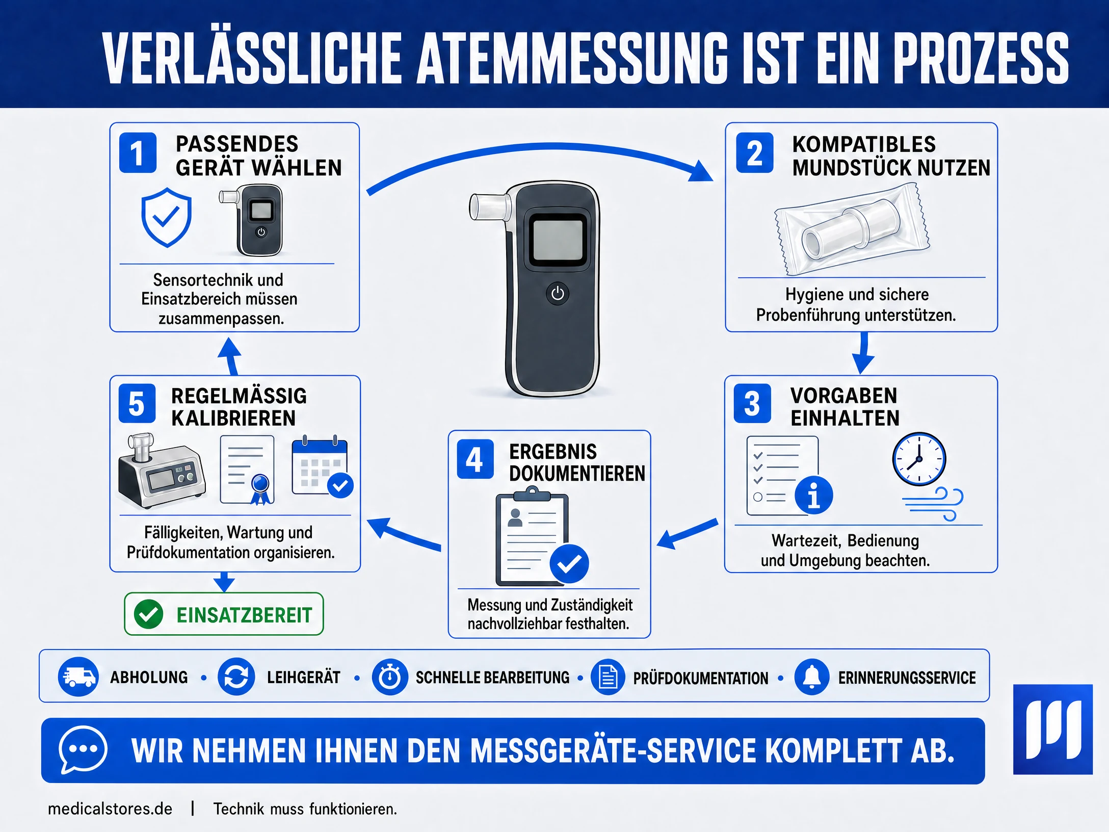 Verlässliche Atemmessung als Prozess mit Gerätauswahl, Mundstück, Vorgaben, Dokumentation und Kalibrierung